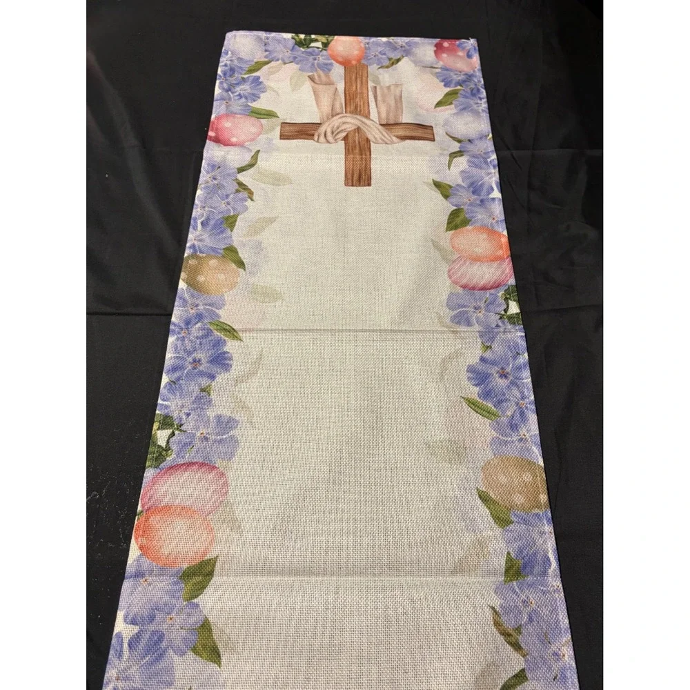 He Is Risen Easter Table Runner Cross Floral Pastel Eggs Spring Farmhouse 13x70